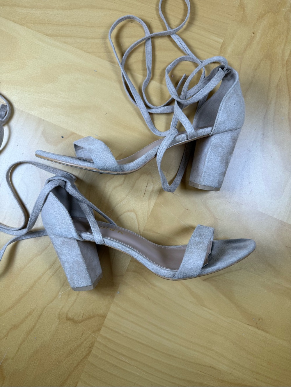 Allegra K Suede Ankle Wrap Block Heel Sandals in Taupe
